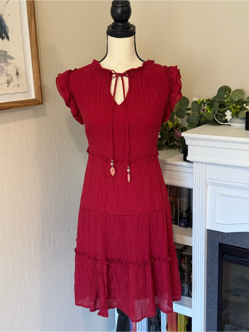 Women's Indigo Rose Red Crepe Tiered V-Neck Midi Dress with Tie Details Size 1X